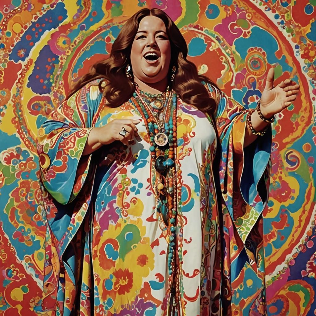 Publicity shot of American hippy pop star and large plus siz...