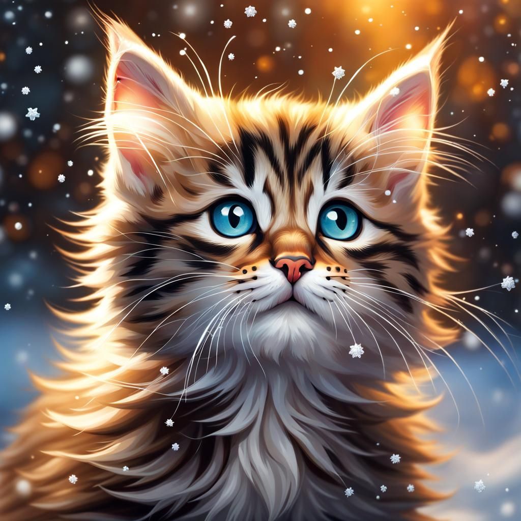 Hyperrealistic Kitten Captures Snowflakes in Colorful Splash...