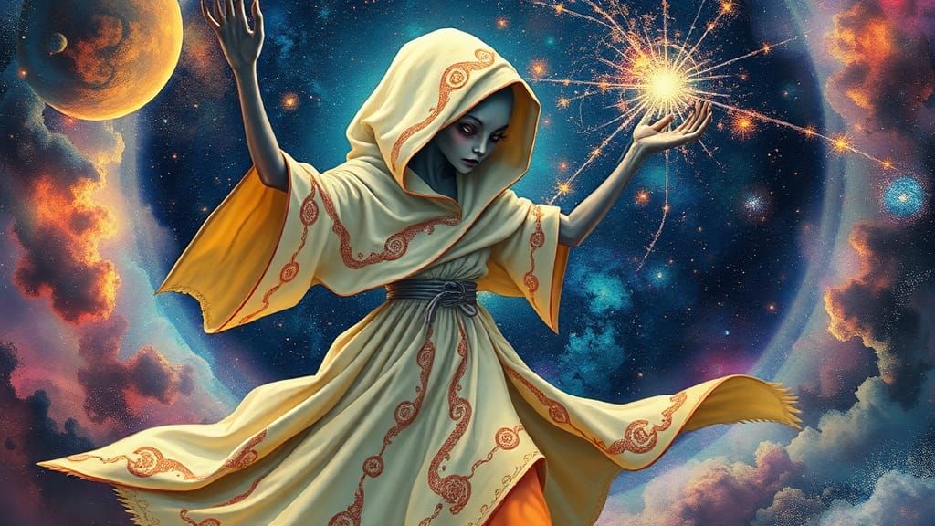 Alien Woman's Cosmic Struggle in Astral Realm