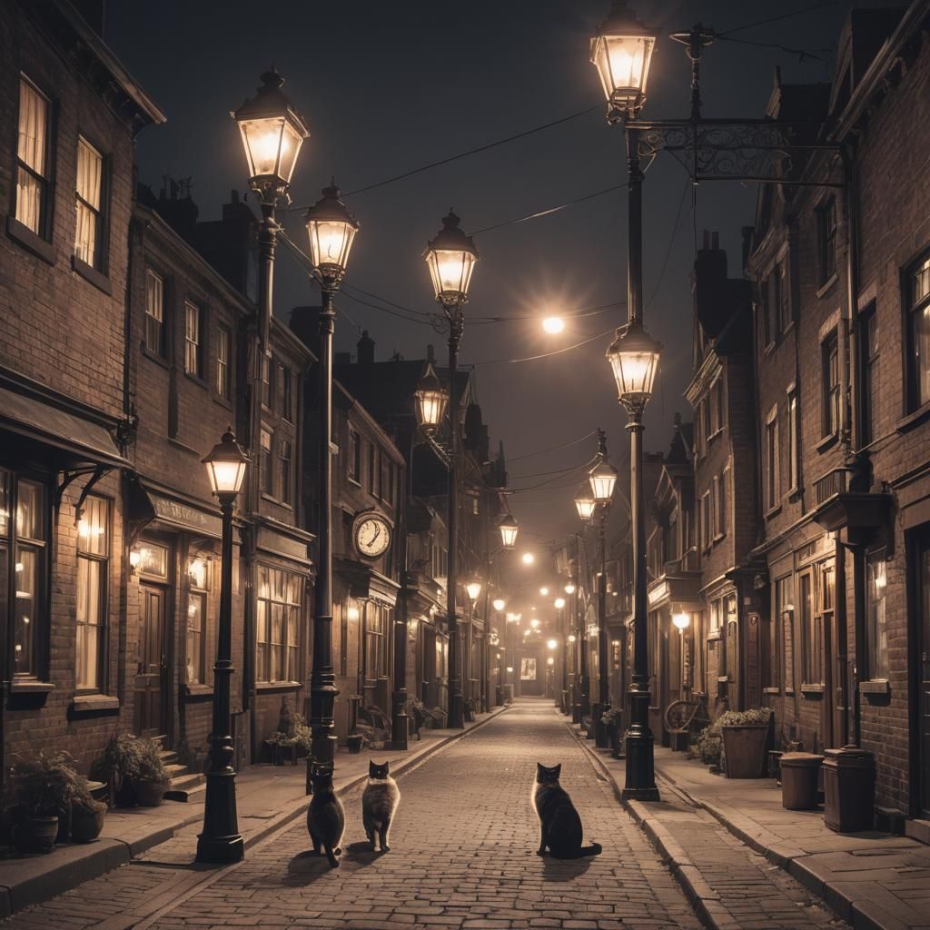 Steampunk Victorian Street with Gas Lamps and Cats