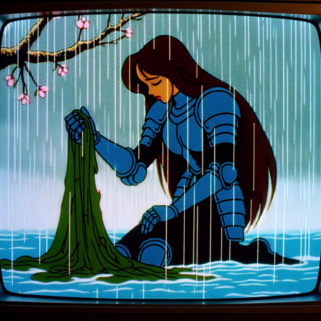 Vintage Animated Knight in Rainy Landscape