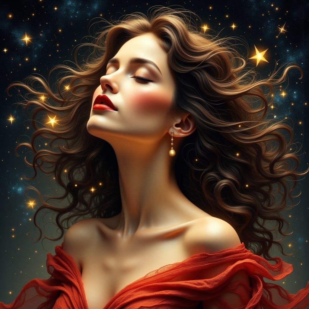 Ethereal Woman Portrait with Celestial Hair and Stars