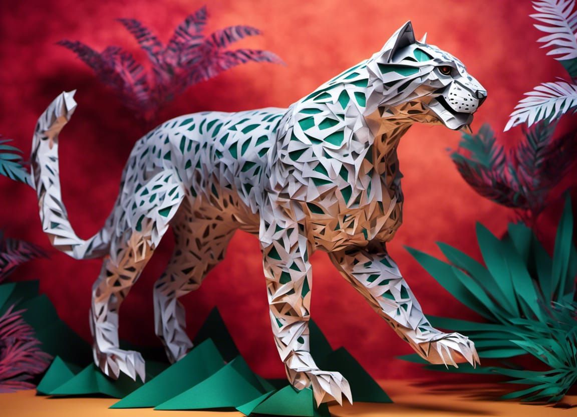 Detailed Origami Paper Sculpture of a Jaguar