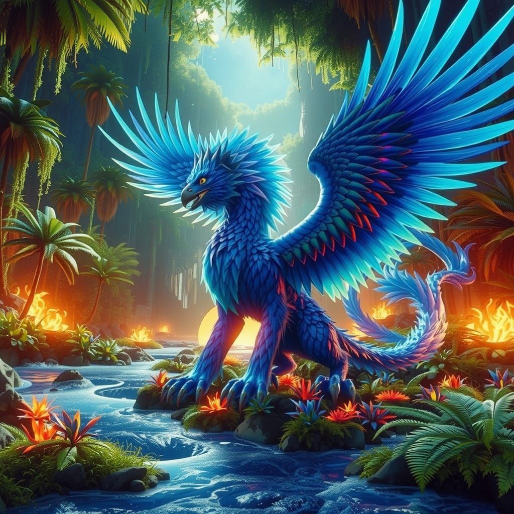 Blue Fire Griffin in Misty Tropical Riverbed