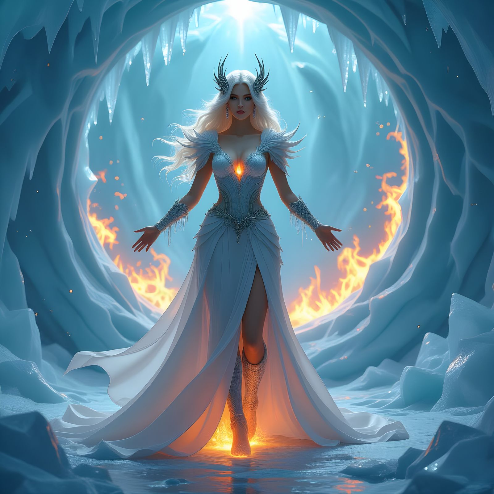 Elemental Goddess in a Vortex of Ice and Fire