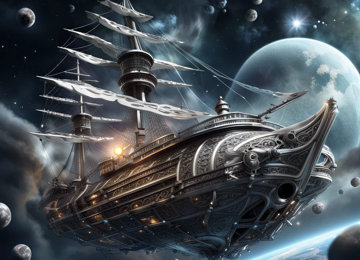 Silver Pirate Ship Soaring Through Space