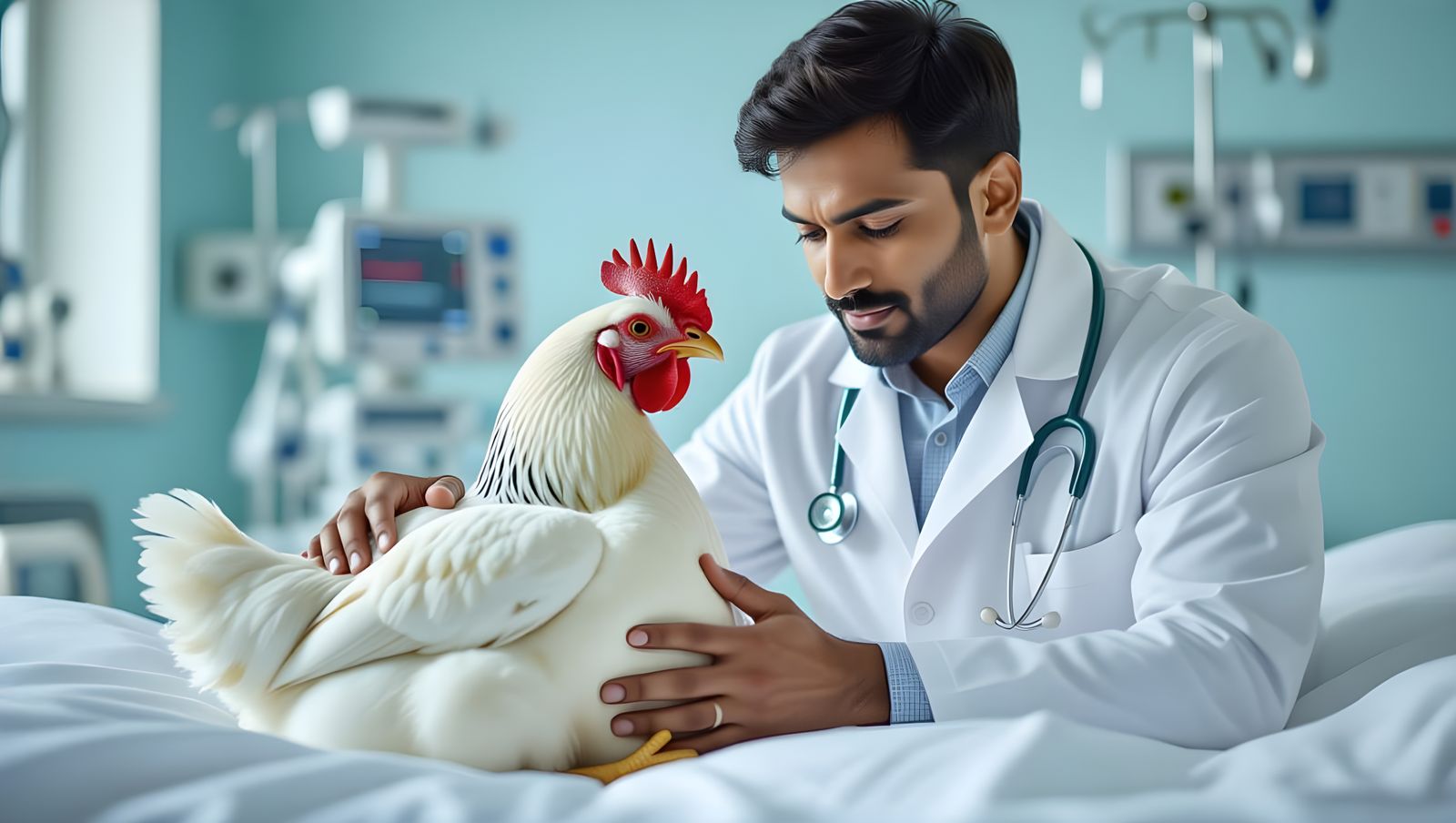 Realistic Doctor Examines Giant White Hen in Modern Hospital