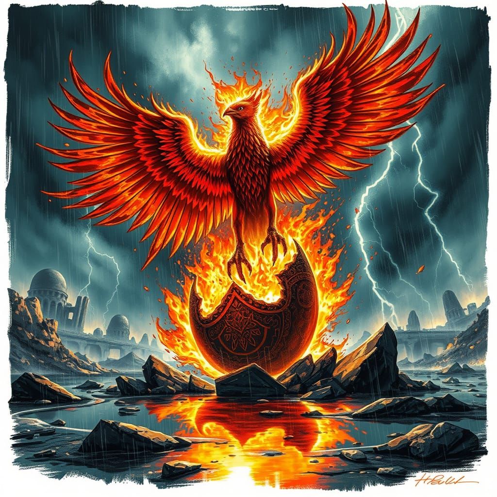 Majestic Fire Phoenix Rises from Ancient Ruins