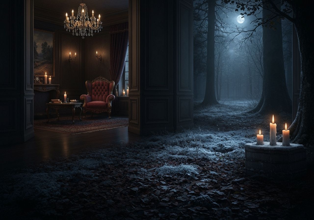 Dark Victorian Living Room Opens to Moonlit Forest