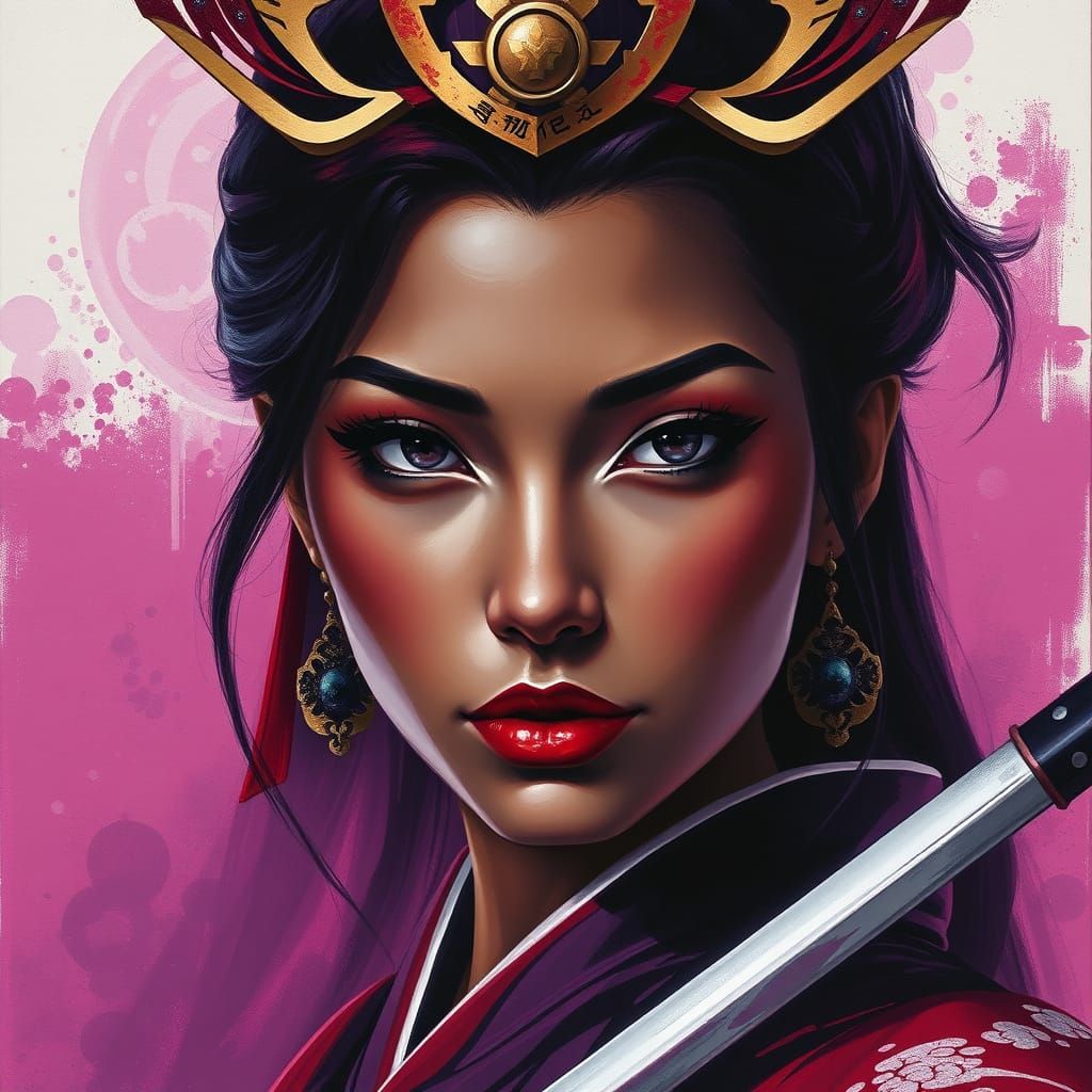 Glamorous Samurai in Plum-Colored Surreal Style