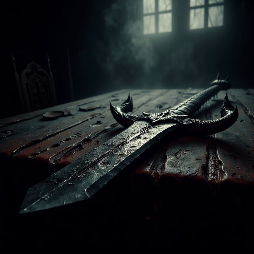 Ornate Sword with Sinister Reflection, Dark Fantasy Art