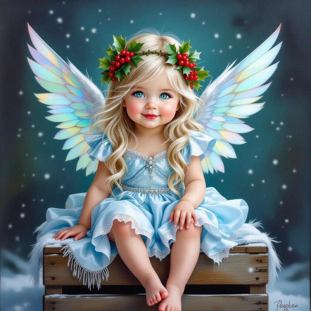 Baby Cherub in Festive Winter Scene Oil Painting