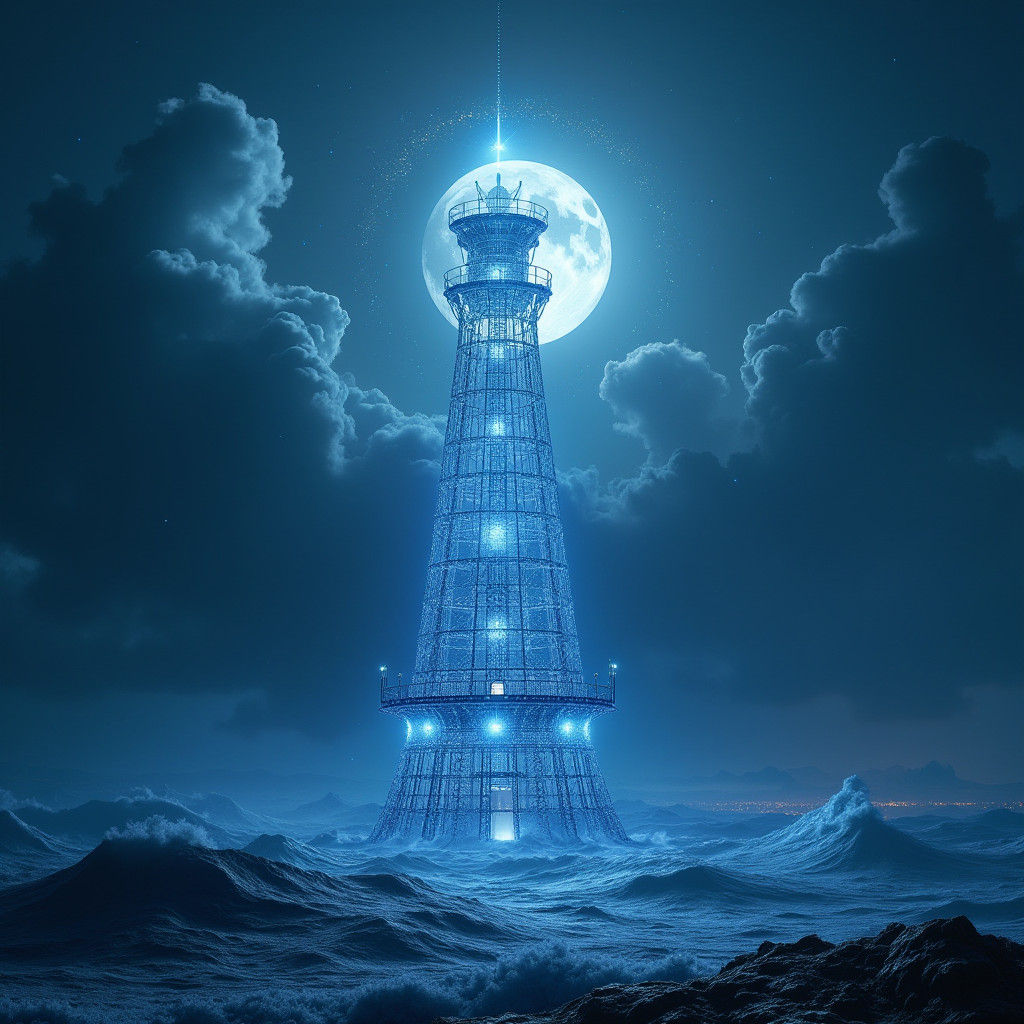 Glowing Wireframe Lighthouse in Futuristic Style