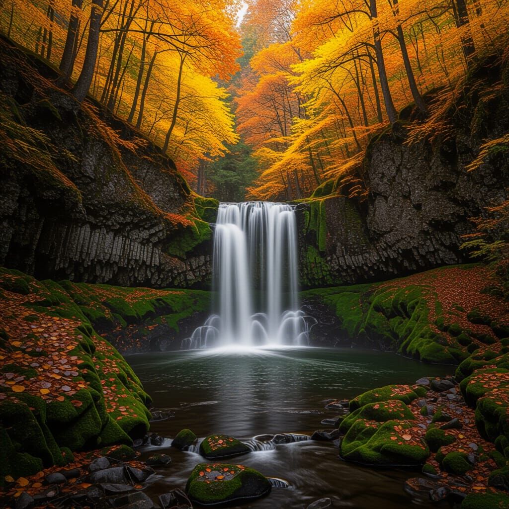 Hidden Waterfall Amidst Glowing Autumn Leaves