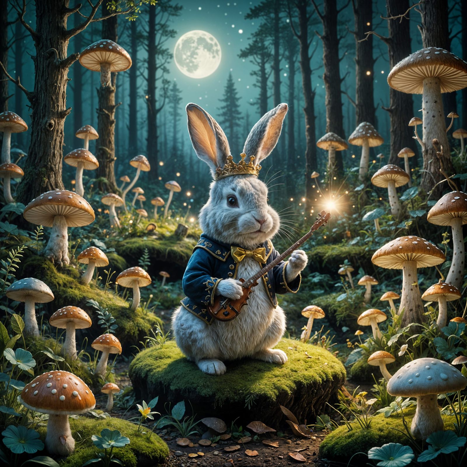 Fluffy Rabbit Magician Conducting Forest Creatures