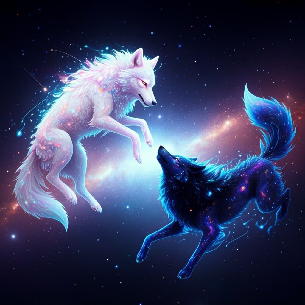 Cosmic Wolves Clash Under Starry Night Sky