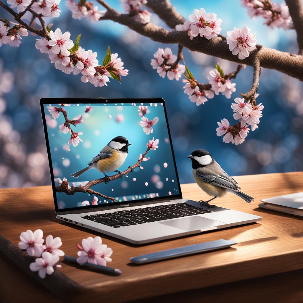 Chickadee on MacBook with Almond Blossoms