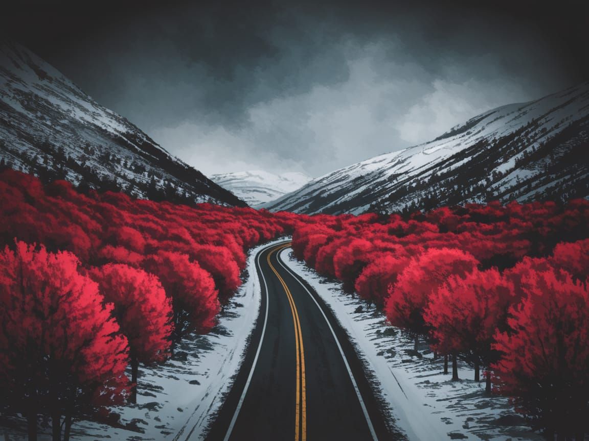 Breathtaking Aerial View of Red Foliage Road in Moody Mounta...