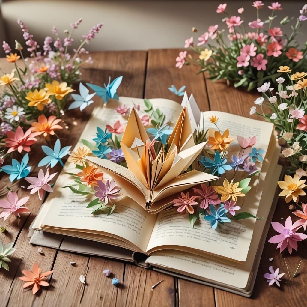Origami Papercraft Book Surrounded by Wildflowers