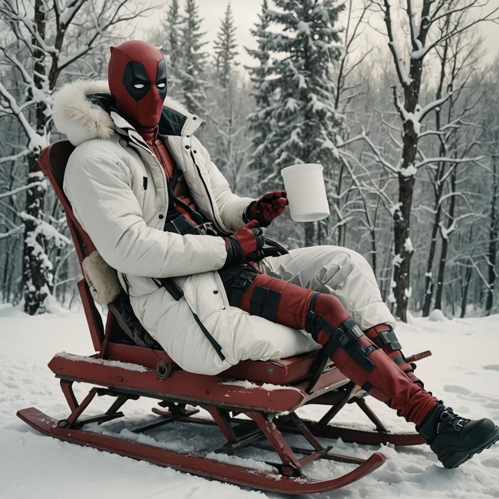 Deadpool Lounging in Arctic Winter Scene