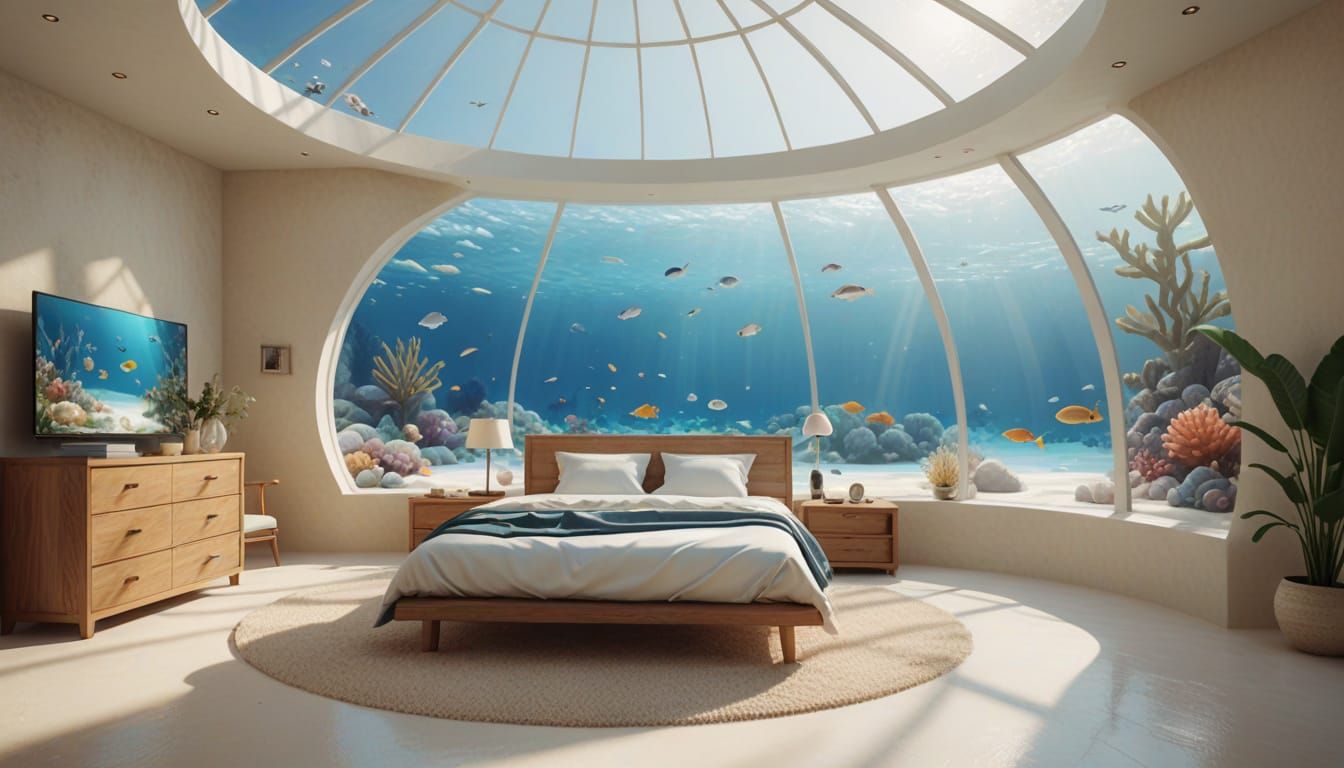 Underwater Bedroom with Fish in Glass Dome