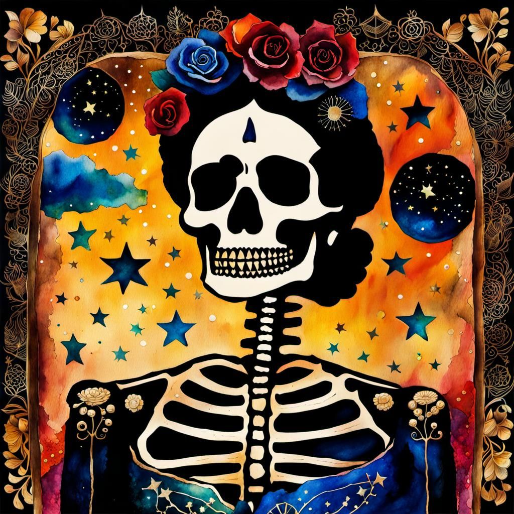 Frida Kahlo Skeleton in Starry Night Watercolor