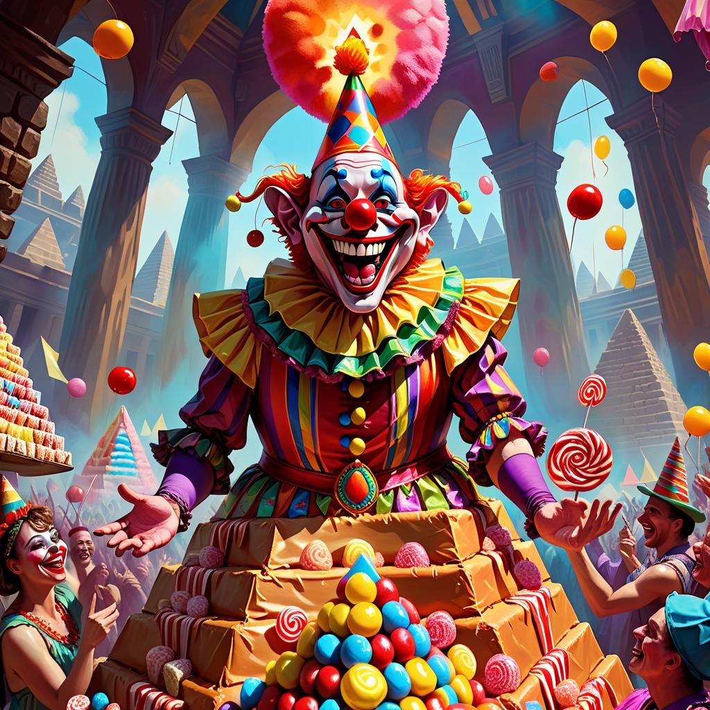Candy Pyramid and Clown in Oil Gouache Style