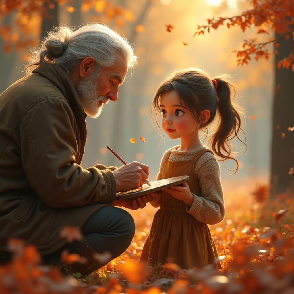 Young Girl Watches Elderly Artist Paint in Vibrant Fall Land...