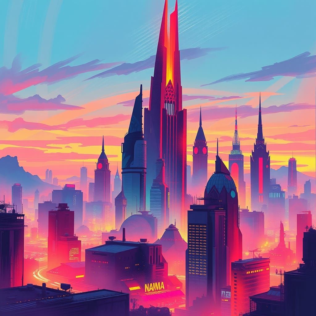 Futuristic Cityscape Illustration with Airbrush Effects