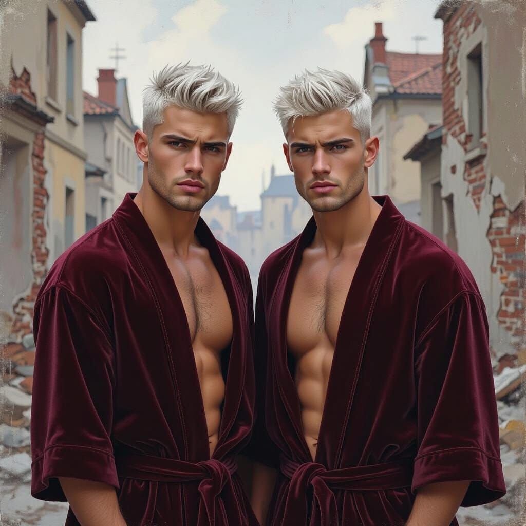 Wrathful Young Men in War-Torn City Impressionist Painting