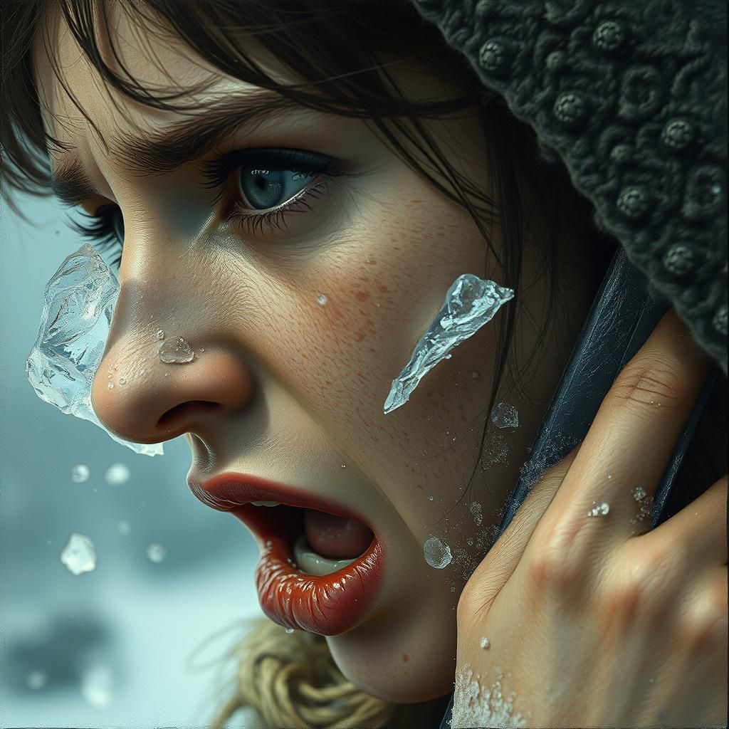 Ice Shard Pierces Woman in Dystopian Realism