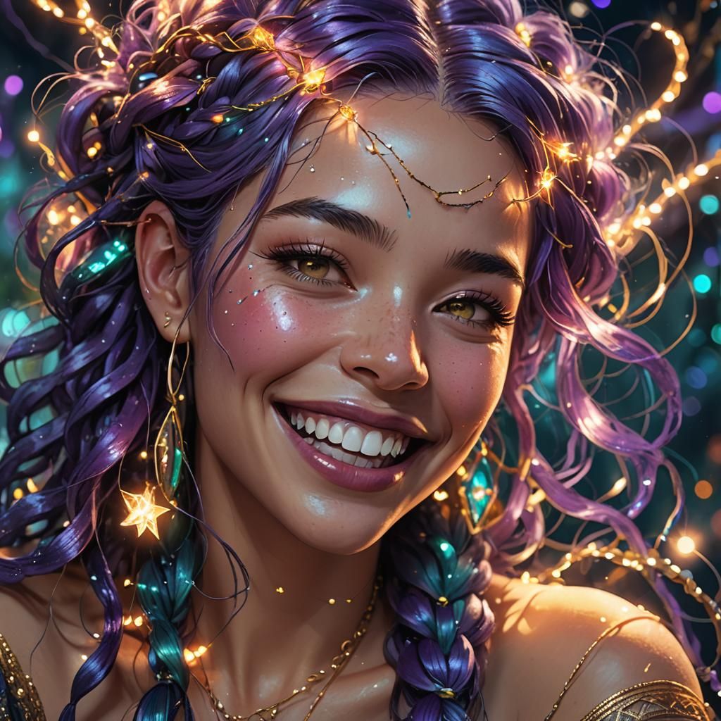 Laughing Woman with Purple Hair in Fantasy Art