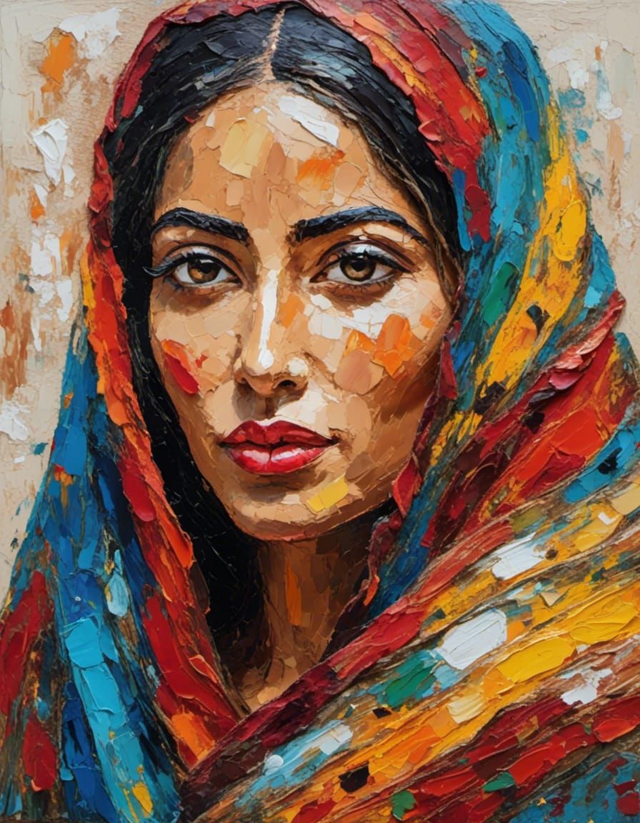 Palestinian Woman: Impasto Oil Painting in Neo-Impressionist...