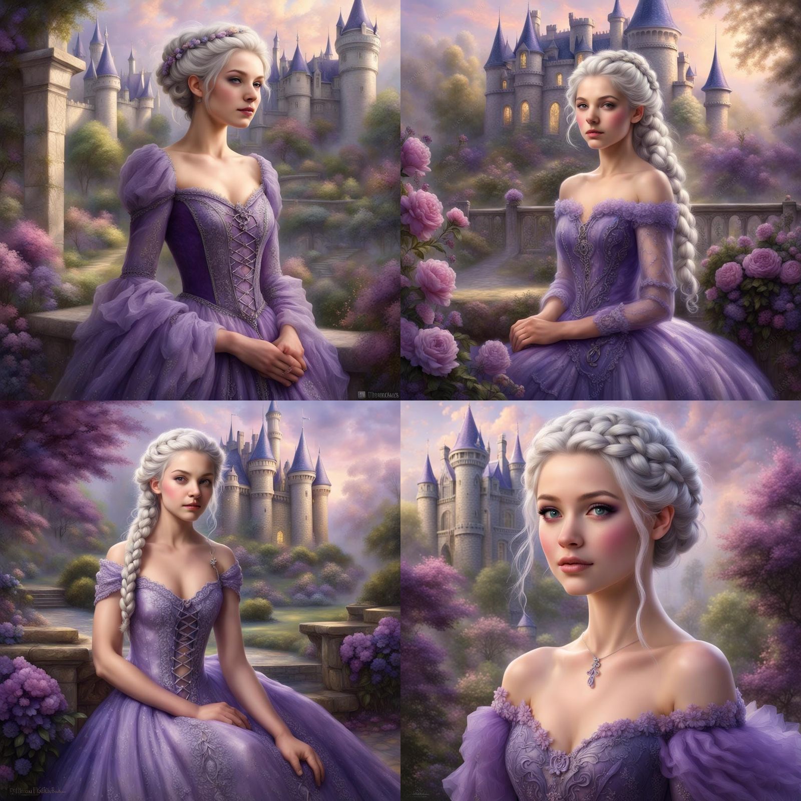 Ethereal Silver-Haired Girl in Purple Gown