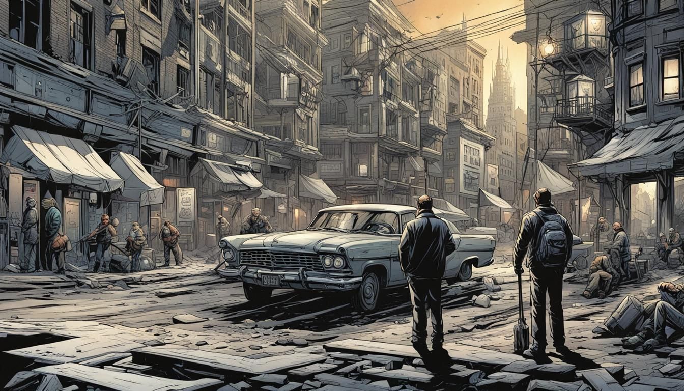 One-Legged Man with Crutch in Downtown: Comic Book Art