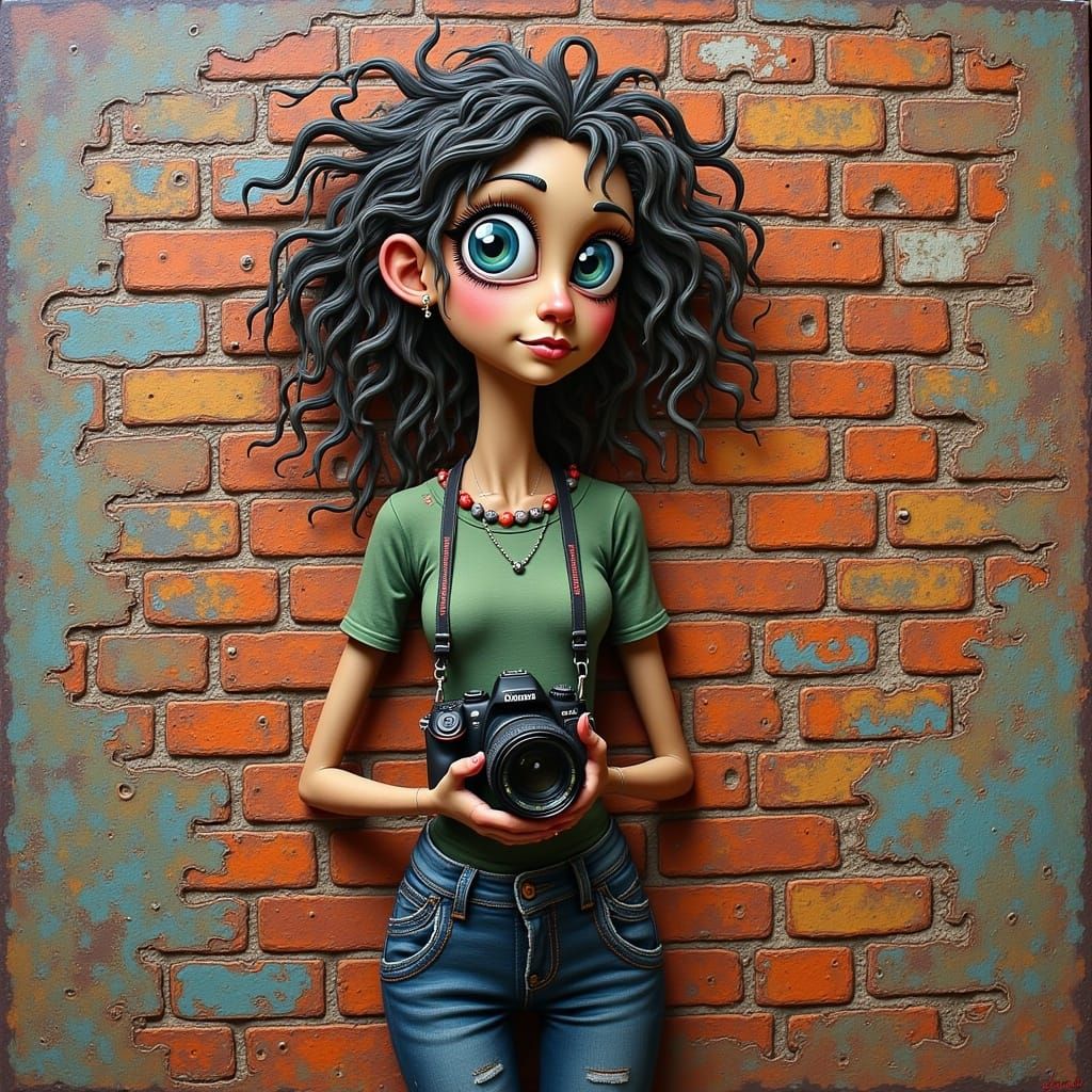 Youthful Character with DSLR Camera in Folk-Art Style
