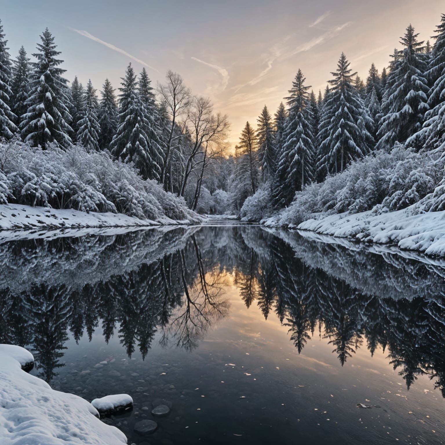 Frozen Winter Reflection in a Frigid Lake
