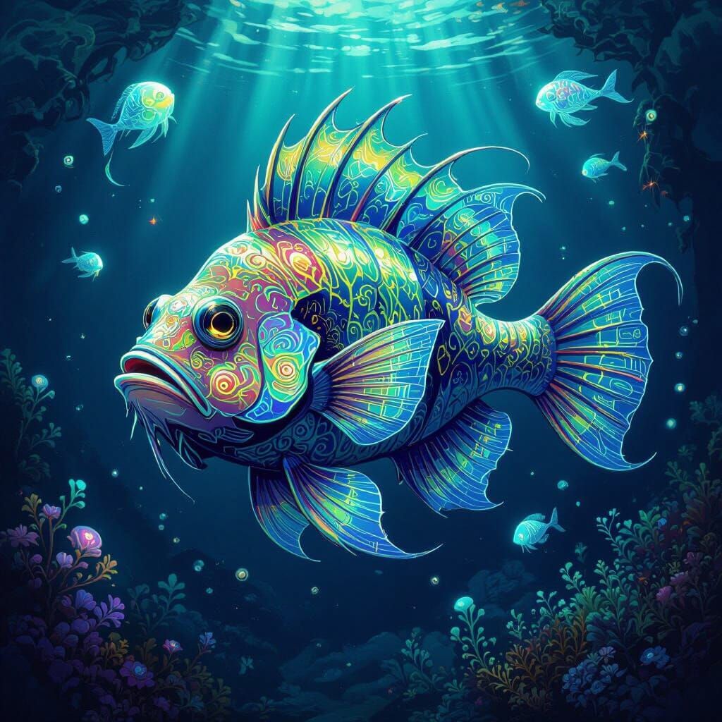 Bioluminescent Anglerfish in Art Nouveau Alien Ocean