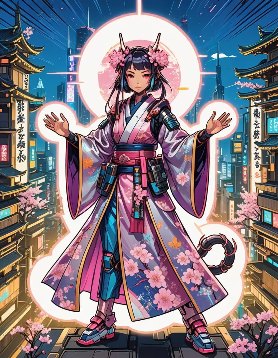 Cyberpunk Samurai Goddess in Neon Japanese Cityscape
