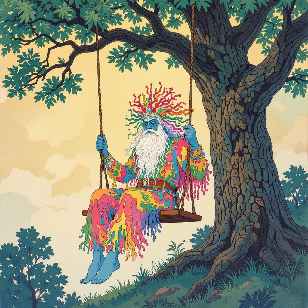 Coral-Hair God in Mystical Tree Swing: Watercolour