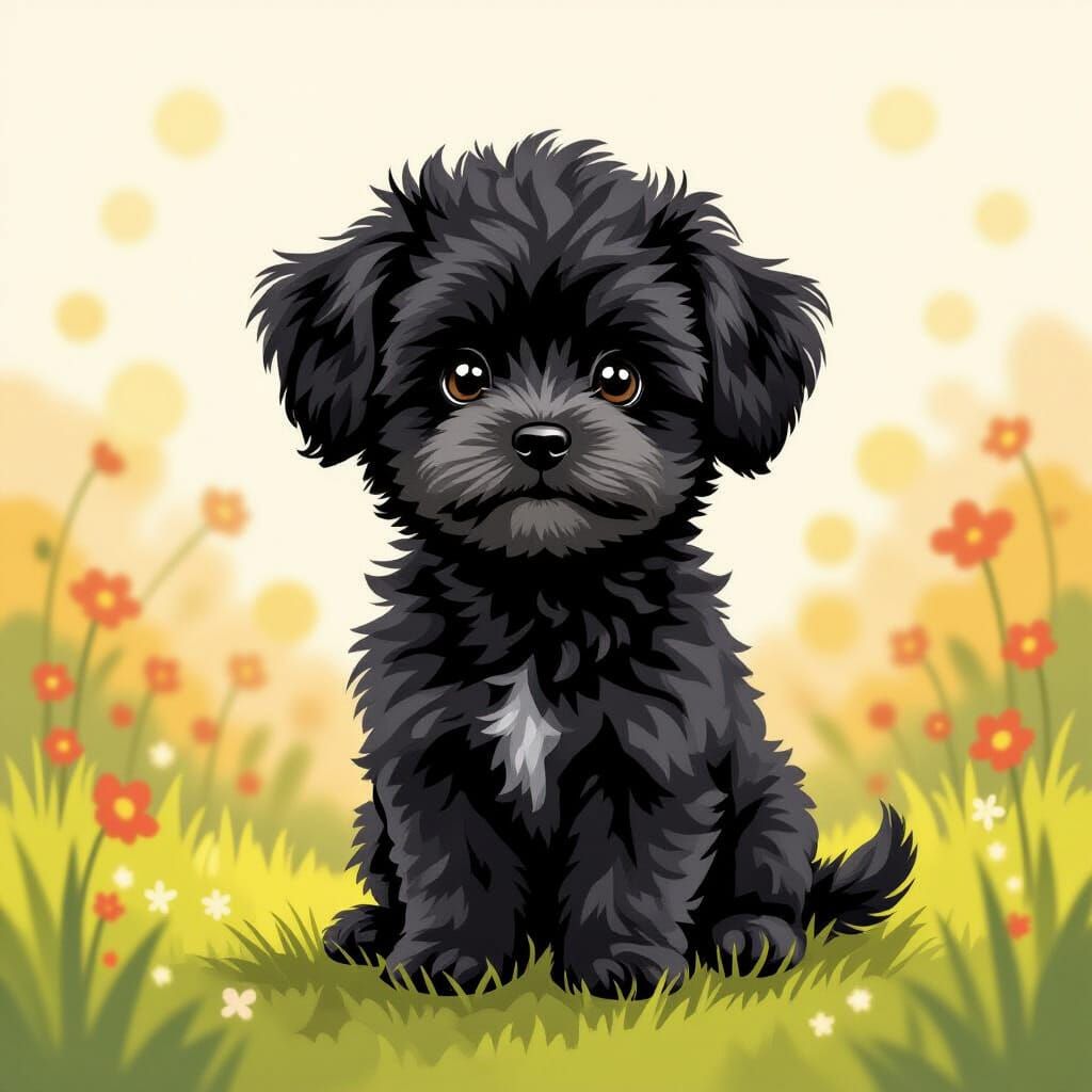 Fluffy Black Dog in Whimsical Storybook Style