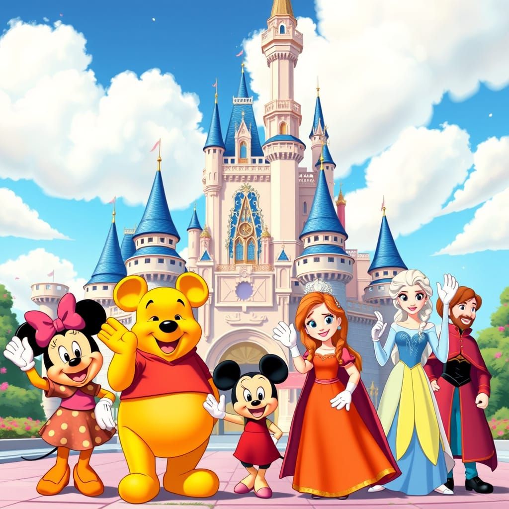 Disney Characters Gather in Front of Majestic Castle in Whim...