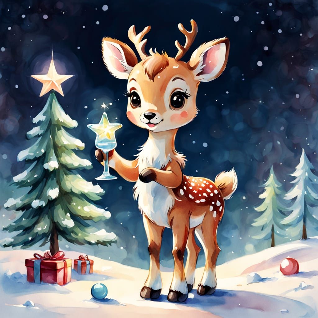 Cute Toy Deer Cub Holding Christmas Star Watercolor Sketch