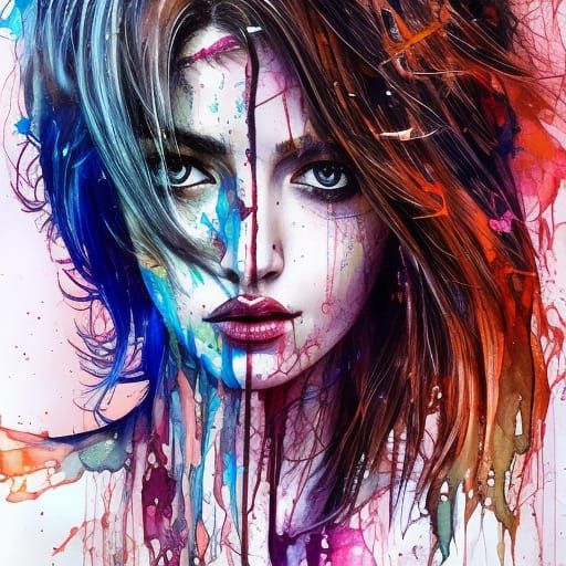 Watercolor Portrait of Dark-Haired Woman in Hyperrealistic S...