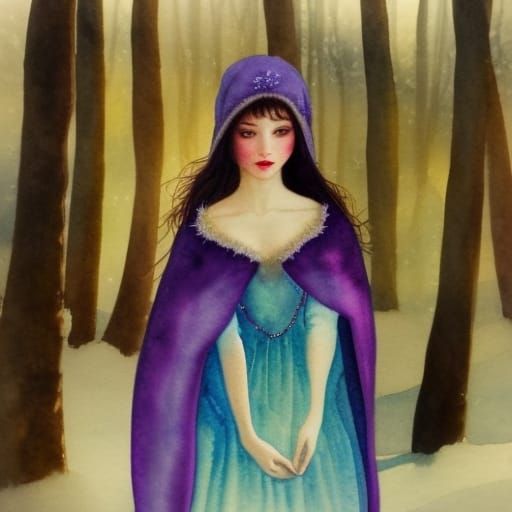 Fairy in Snowy Forest Watercolor Painting