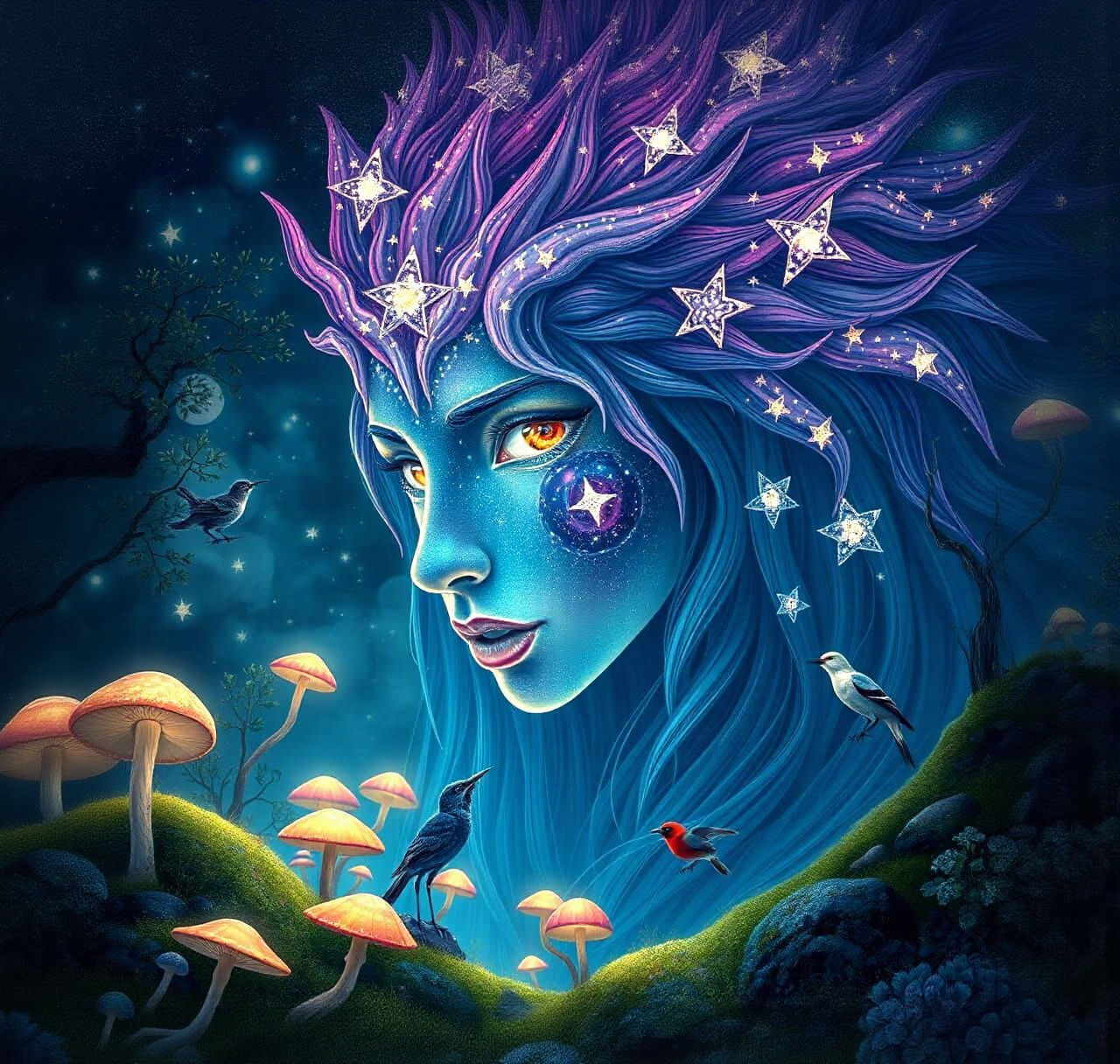 Bioluminescent Star Goddess in Fantasy Forest