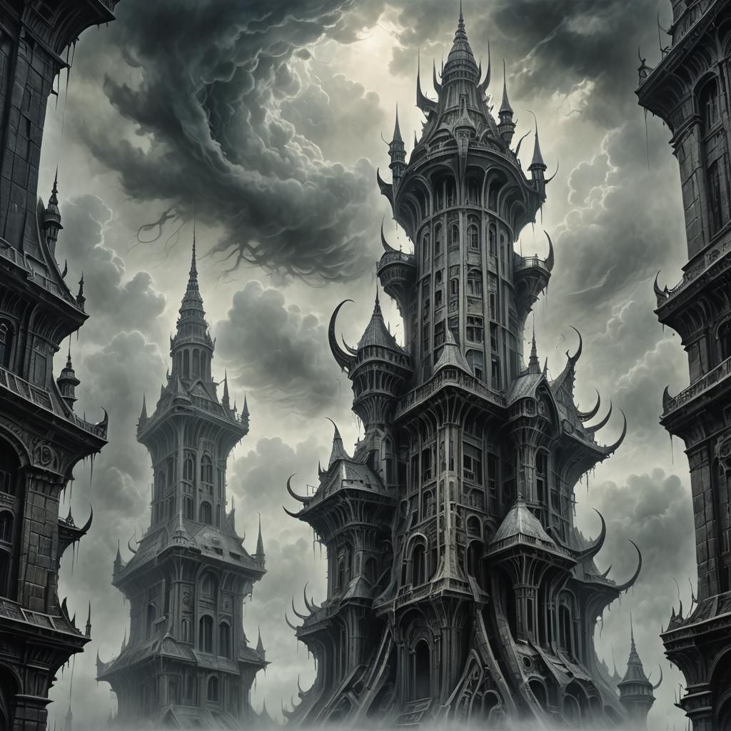 Surreal Tower Disappears Into Clouds in Oil Painting