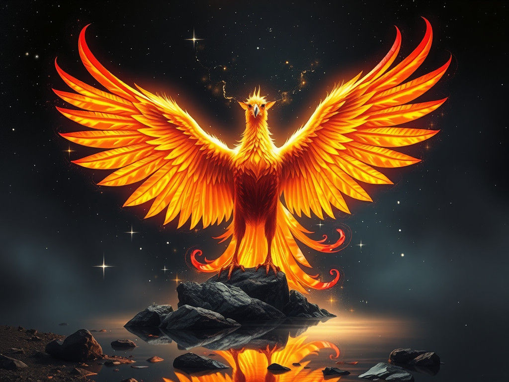 Majestic Phoenix Rising from Ashes in Fiery Glory