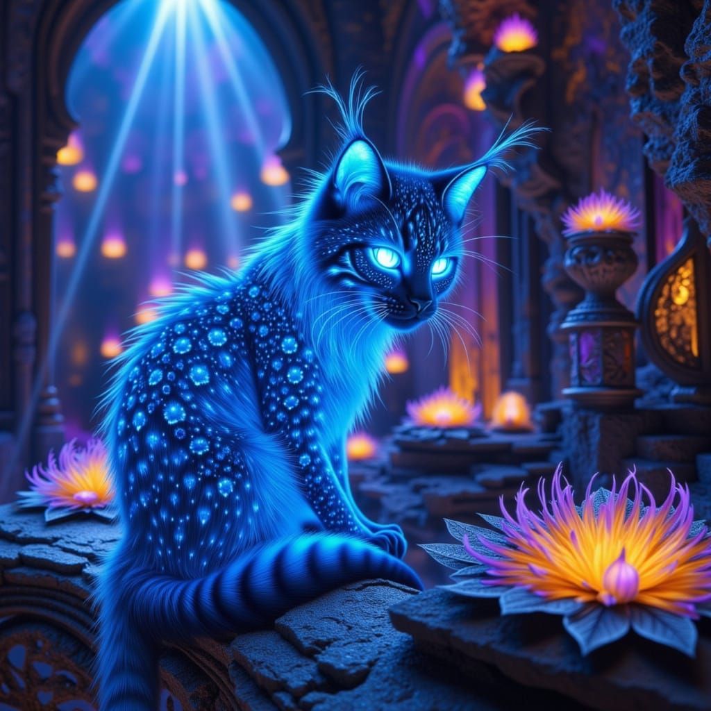 Mystical Blue Fantasy Cat in Alien Room