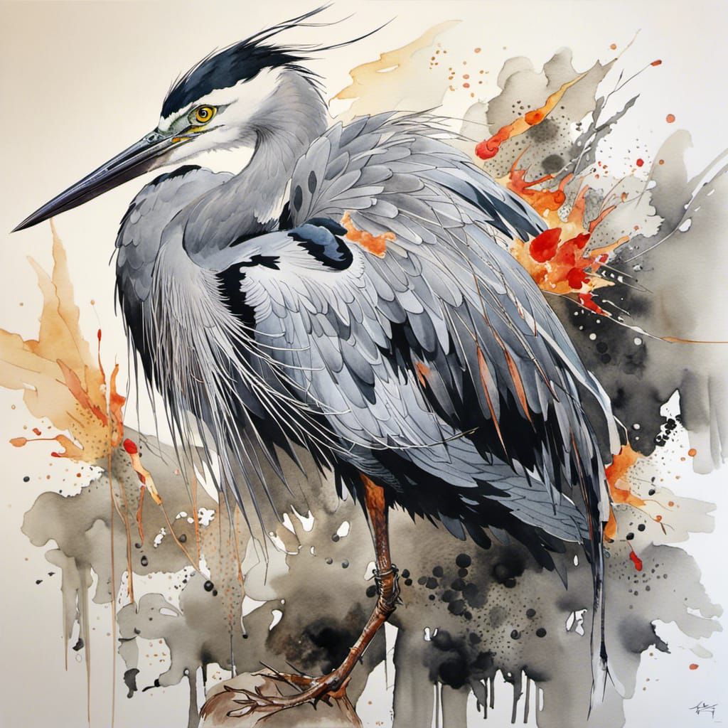 Fiery Gray Heron Watercolor Portrait in Phoenix Style